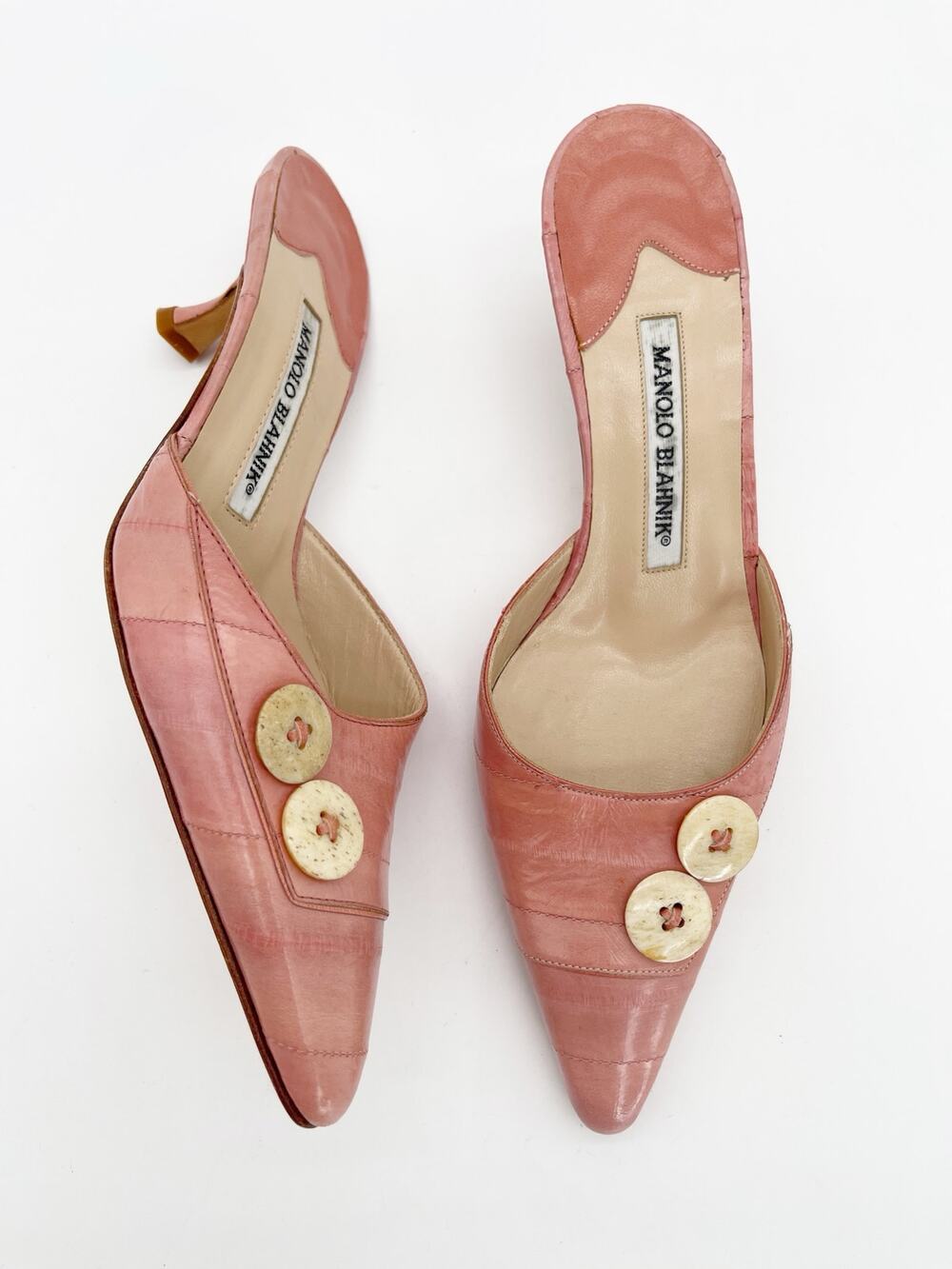 Manolo Blahnik Vintage Pink Eel Skin Exotic Leather Kitten Heel Mules IT 36.5